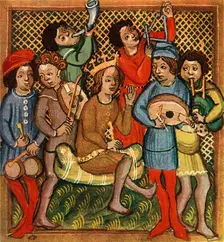 Small drums, fiddle, horn, triangle lute and bagpipes; Olomouc Bible, 1417 1948