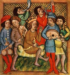 Small drums, fiddle, horn, triangle lute and bagpipes; Olomouc Bible, 1417 1948