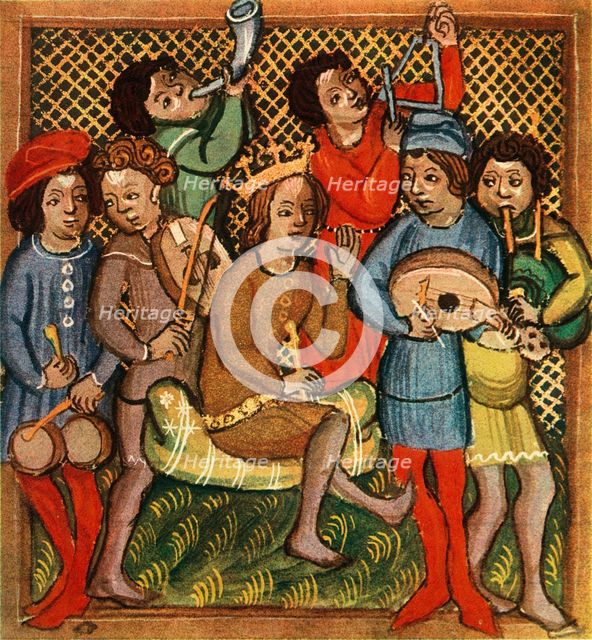 'Small drums, fiddle, horn, triangle lute and bagpipes; Olomouc Bible, 1417', 1948. Artist: Unknown.