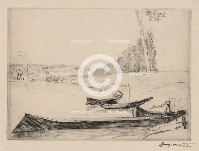 Small ferry-boats on the banks oft he Seine, c. 1858. Creator: Félix Bracquemond (French, 1833-1914).
