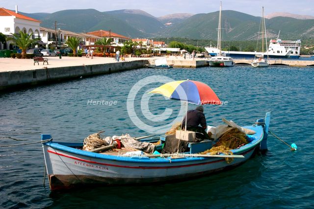 Small fishing boat in the harbour, Sami, Kefalonia, Greece. Creator: Peter Thompson.