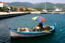 Small fishing boat in the harbour, Sami, Kefalonia, Greece. Creator: Peter Thompson