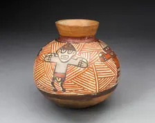 Small Jar Depicting Figures with Outstretched Arms, Standing against Red-Striped..., 180 B.C./A.D. 5 Creator: Unknown