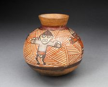 Small Jar Depicting Figures with Outstretched Arms, Standing against Red-Striped..., 180 B.C./A.D. 5 Creator: Unknown