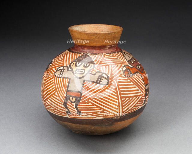 Small Jar Depicting Figures with Outstretched Arms, Standing against Red-Striped..., 180 B.C./A.D. 5 Creator: Unknown.