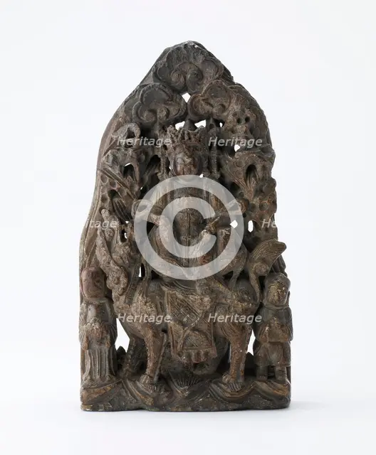 Small soapstone tablet, with pierced relief of Manjusri on lion, Period of Division, dated 543. Creator: Unknown.