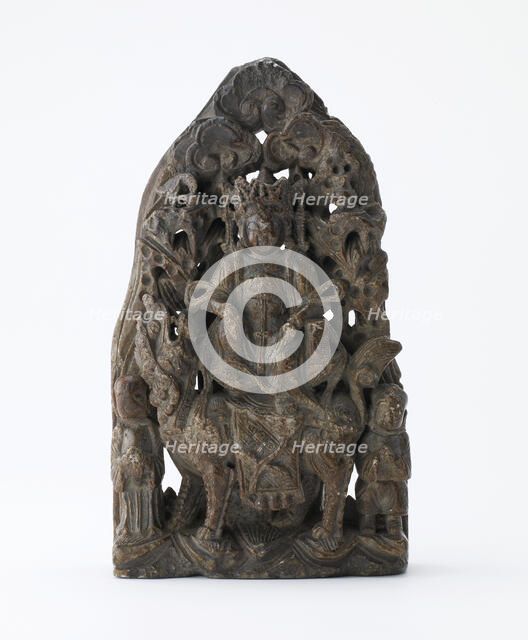 Small soapstone tablet, with pierced relief of Manjusri on lion, Period of Division, dated 543. Creator: Unknown.