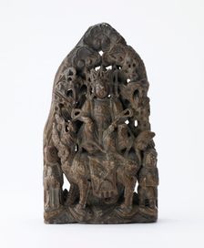 Small soapstone tablet, with pierced relief of Manjusri on lion, Period of Division, dated 543. Creator: Unknown