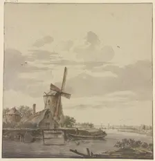 Small river flowing into the sea, a windmill on the left, 18th century. Creator: Hendrik Kobell