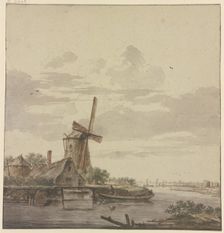 Small river flowing into the sea, a windmill on the left, 18th century. Creator: Hendrik Kobell