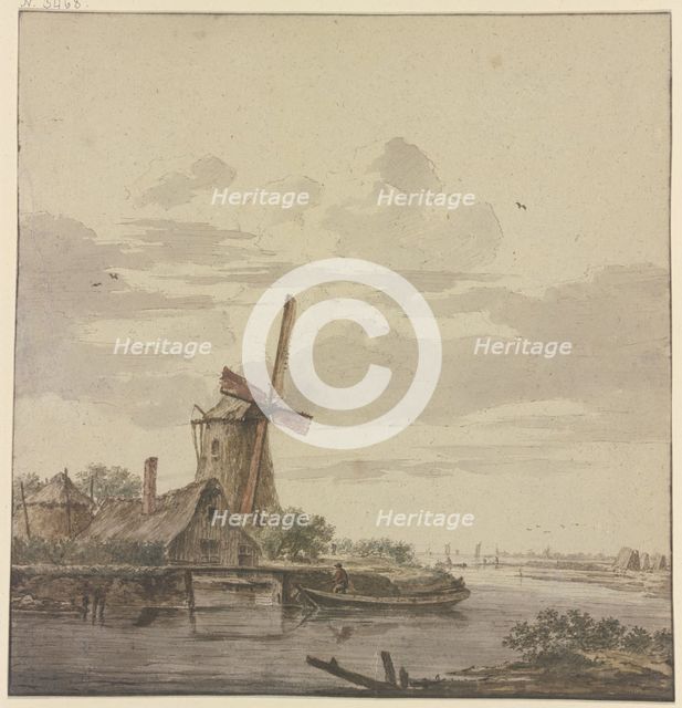 Small river flowing into the sea, a windmill on the left, 18th century. Creator: Hendrik Kobell.