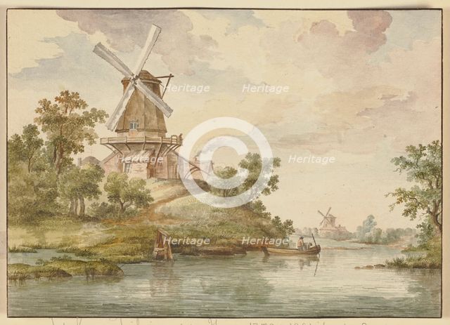 Small river with two windmills on its banks, 18th century. Creator: Jean George Teissier.