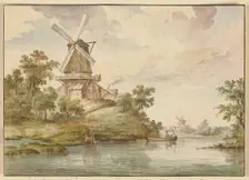 Small river with two windmills on its banks, 18th century. Creator: Jean George Teissier