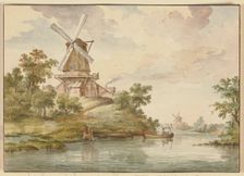 Small river with two windmills on its banks, 18th century. Creator: Jean George Teissier