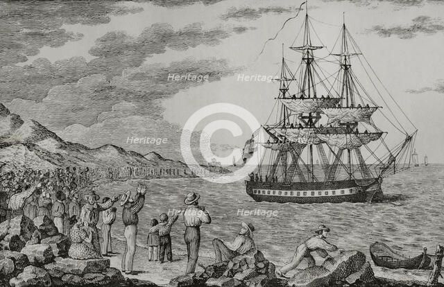 Smallpox vaccination expedition leaving the port of La Coruña, Galicia, Spain, 1803, (1851).  Creator: Unknown.