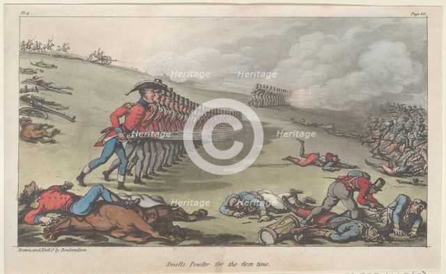 Smells Powder for the first time, from "The Military Adventures of Johnny Newcome", 1815., 1815. Creator: Thomas Rowlandson.