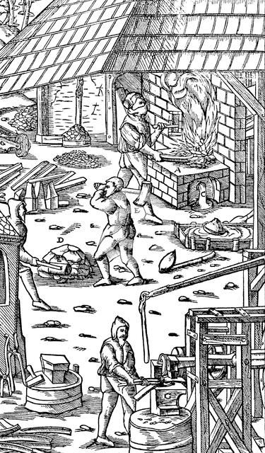 Smelting iron and hammering bars with a mechanical hammer, 1556. Artist: Unknown