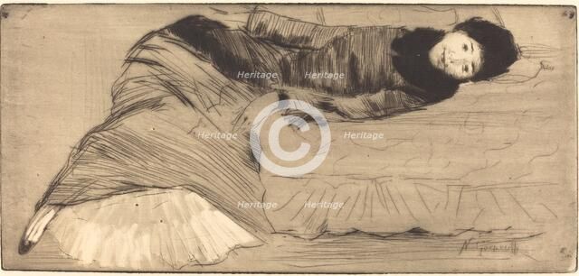 Smiling Woman Reclining on a Sofa (Femme souriant etendue sur un canape). Creator: Norbert Goeneutte.