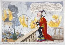 Smoak Jack the alarmist, extinguishing the second Great Fire of London (a la Gulliver)!!! 1819. Artist: Anon