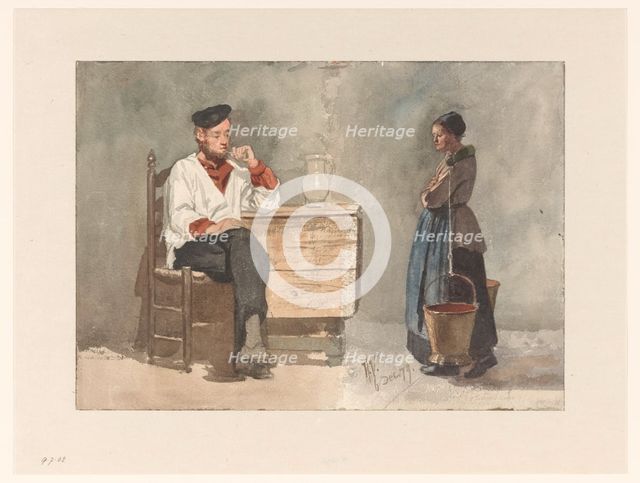Smoking sailor, woman with yoke and milk buckets, 1879. Creator: Hendrik Valkenburg.