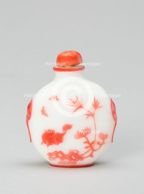 Snuff Bottle with a Cat and Two Butterflies near Bamboo, Rockwork, and Chrysanthemum...1800-1900. Creator: Unknown.