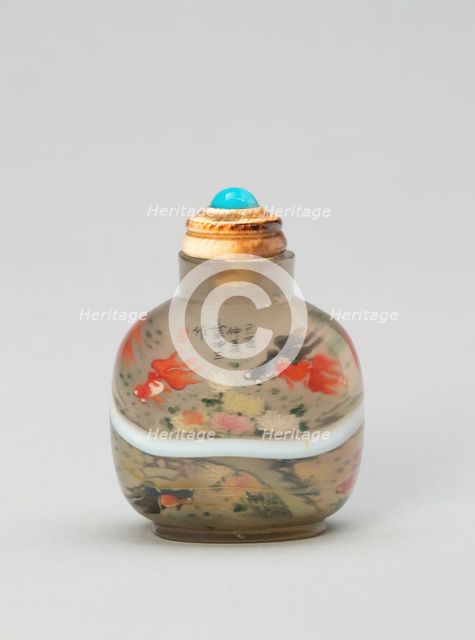 Snuff Bottle with Bug-Eyed Long-Tailed Fish and Fronds, Qing dynasty (1644-1911), dated 1909. Creator: Unknown.