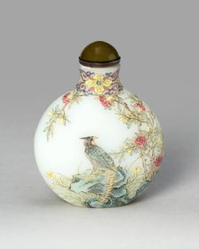 Snuff Bottle with Golden Pheasant, Swallows, Tree Peony, Apricot..., Qing dynasty, (1735-1796). Creator: Unknown