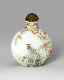 Snuff Bottle with Golden Pheasant, Swallows, Tree Peony, Apricot..., Qing dynasty, (1735-1796). Creator: Unknown