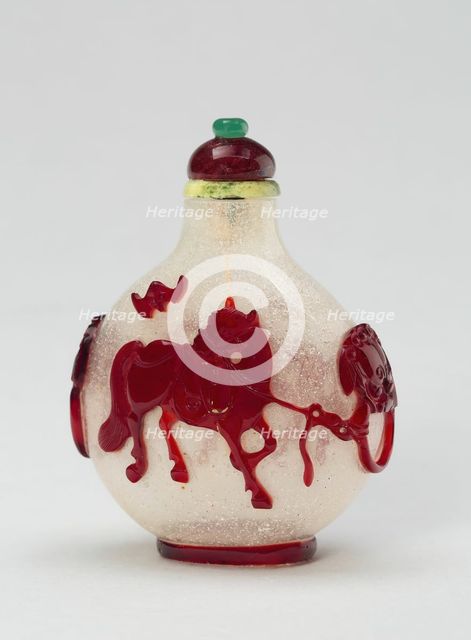 Snuff Bottle with Saddled and Bridled Horses Tethered to Mock Ring Handles, Qing dynasty, 1760-1810. Creator: Unknown.