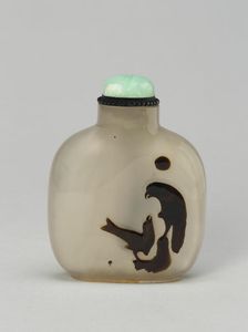 Snuff Bottle with Two Hawks on Rockwork, Qing dynasty (1644-1911), 1800-1900. Creator: Unknown