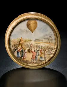Snuff box with ballooning scene, late 18th century. Creator: Aubert