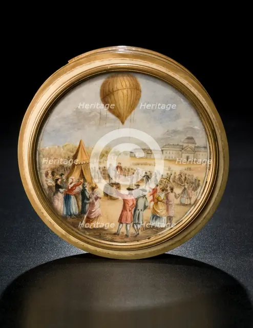 Snuff box with ballooning scene, late 18th century. Creator: Aubert.