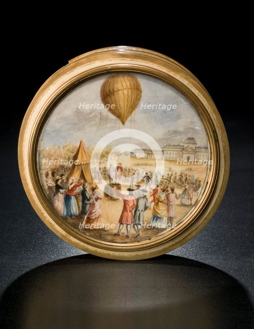 Snuff box with ballooning scene, late 18th century. Creator: Aubert.