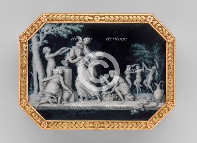 Snuffbox with miniatures representing the Diversions of Love..., miniatures ca. 1775, box ca. 1838-4 Creators: Jacques-Joseph Degault, Unknown.