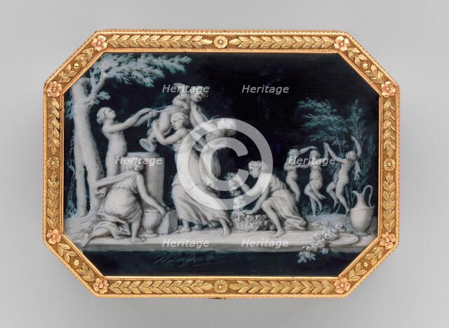 Snuffbox with miniatures representing the Diversions of Love..., miniatures ca. 1775, box ca. 1838-4 Creators: Jacques-Joseph Degault, Unknown.
