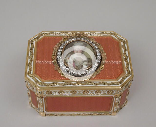 Snuffbox with portrait of Catherine II (1729-1796), Empress of Russia, 1774-75, miniature ca. 1786. Creator: Joseph Etienne Blerzy.
