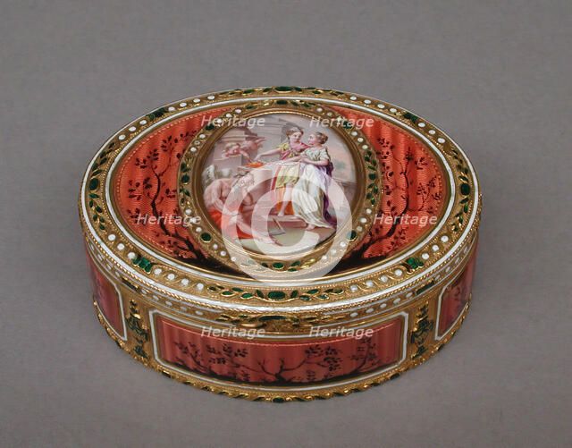 Snuffbox with scene of two maids and cupid at altar of love, ca. 1780. Creator: Les Frères Souchay.