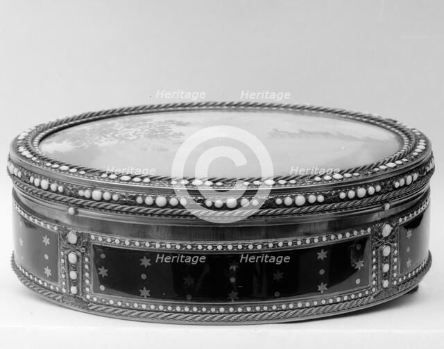 Snuffbox with scene of peasants picnicking on a riverbank near a village, late 18th century. Creator: F. J..