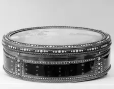 Snuffbox with scene of peasants picnicking on a riverbank near a village, late 18th century. Creator: F. J.
