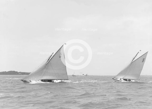 'Snowdrop' and 'Correnzia' racing up wind, 1911. Creator: Kirk & Sons of Cowes.