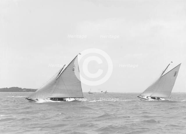'Snowdrop' and 'Correnzia' racing up wind, 1911. Creator: Kirk & Sons of Cowes.