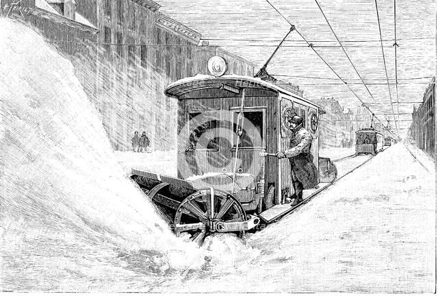 Snowplough train - tram, clearing the streets of the city of Minnesota in 1893.