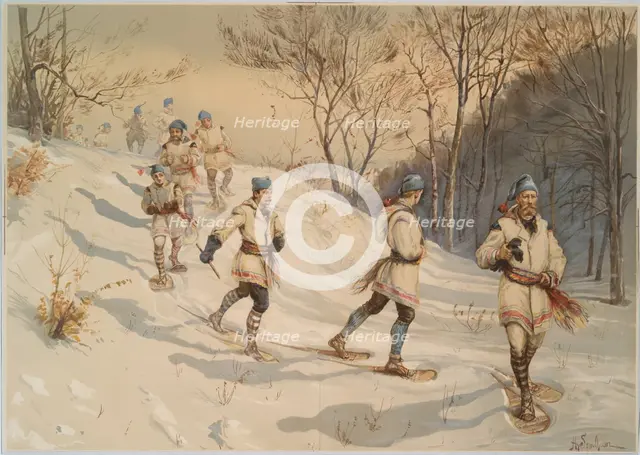 Snowshoeing, c.1880. Creator: Sandham, Henry (1842-1910).