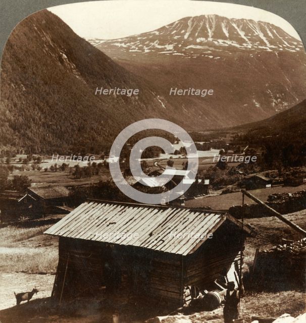 'Snowy heights of Mt. Gausta (6180 ft.), above quiet homes in Maan Valley, Norway', c1905. Creator: Unknown.