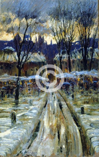 Snowy Urban Landscape, 1885, oil by Enric Serra.