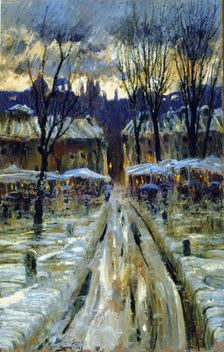 Snowy Urban Landscape, 1885, oil by Enric Serra