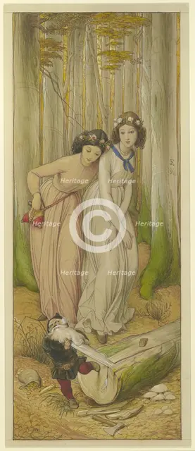 Snow White and Rose Red find the dwarf in the forest whose beard is caught in a tree trunk, 1866. Creator: Eduard von Steinle.