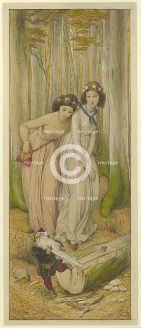 Snow White and Rose Red find the dwarf in the forest whose beard is caught in a tree trunk, 1866. Creator: Eduard von Steinle.