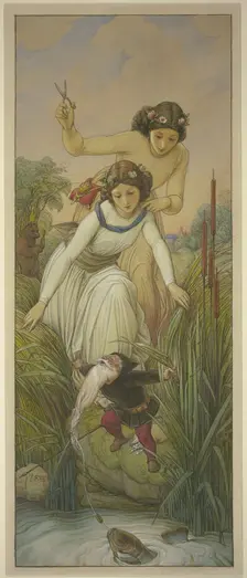 Snow White and Rose Red find the dwarf whose beard is tangled in the fishing line, 1866. Creator: Eduard von Steinle