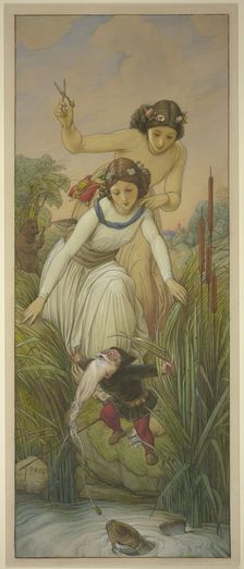 Snow White and Rose Red find the dwarf whose beard is tangled in the fishing line, 1866. Creator: Eduard von Steinle